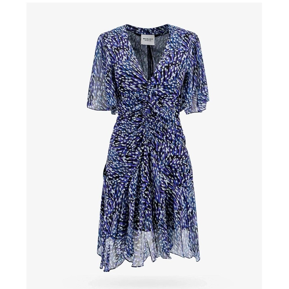 Isabel Marant Vivienne Blue Purple Ruched V-Neck Mini‎ Dress FR 42 US 10